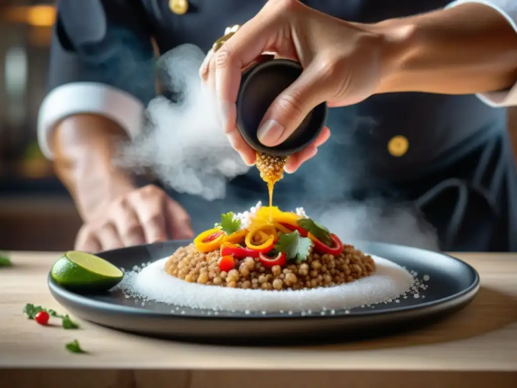 Un chef experto espolvorea Sal de Colima sobre un exquisito platillo mexicano, resaltando sabores en la cocina mexicana