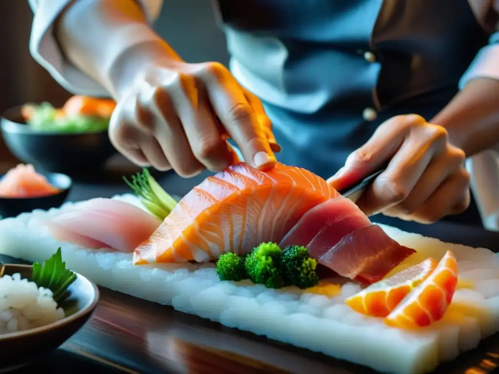 Un chef experto cortando sashimi con precisión y arte gastronómico delicado