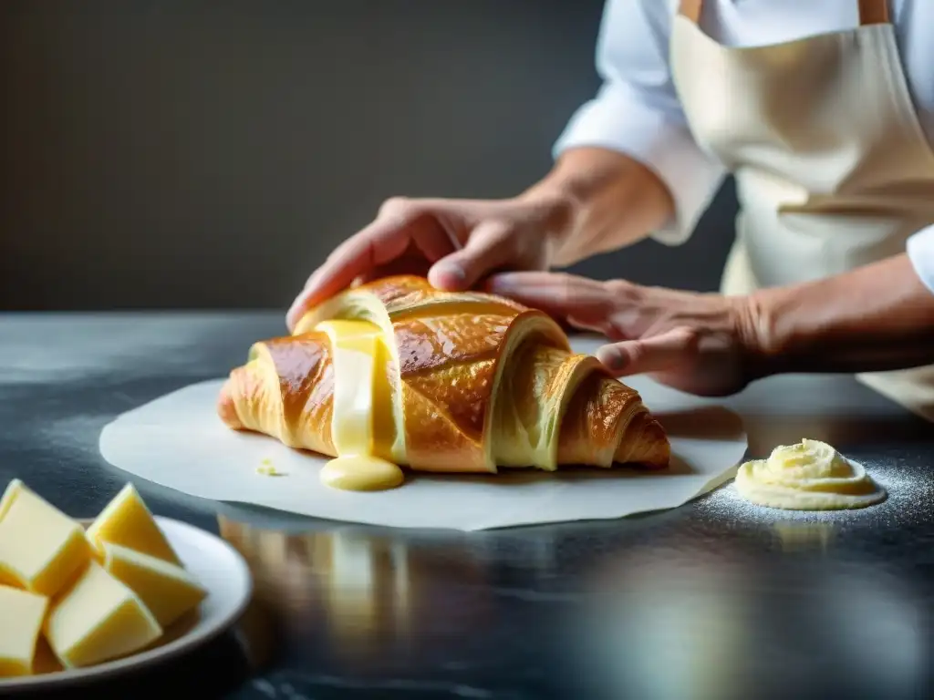 Chef experto revela el secreto de croissants perfectos, capa a capa, en una escena gourmet iluminada por luz natural