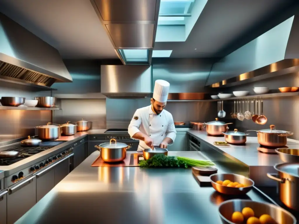 Un chef experto preparando una sofisticada receta en una cocina francesa contemporánea