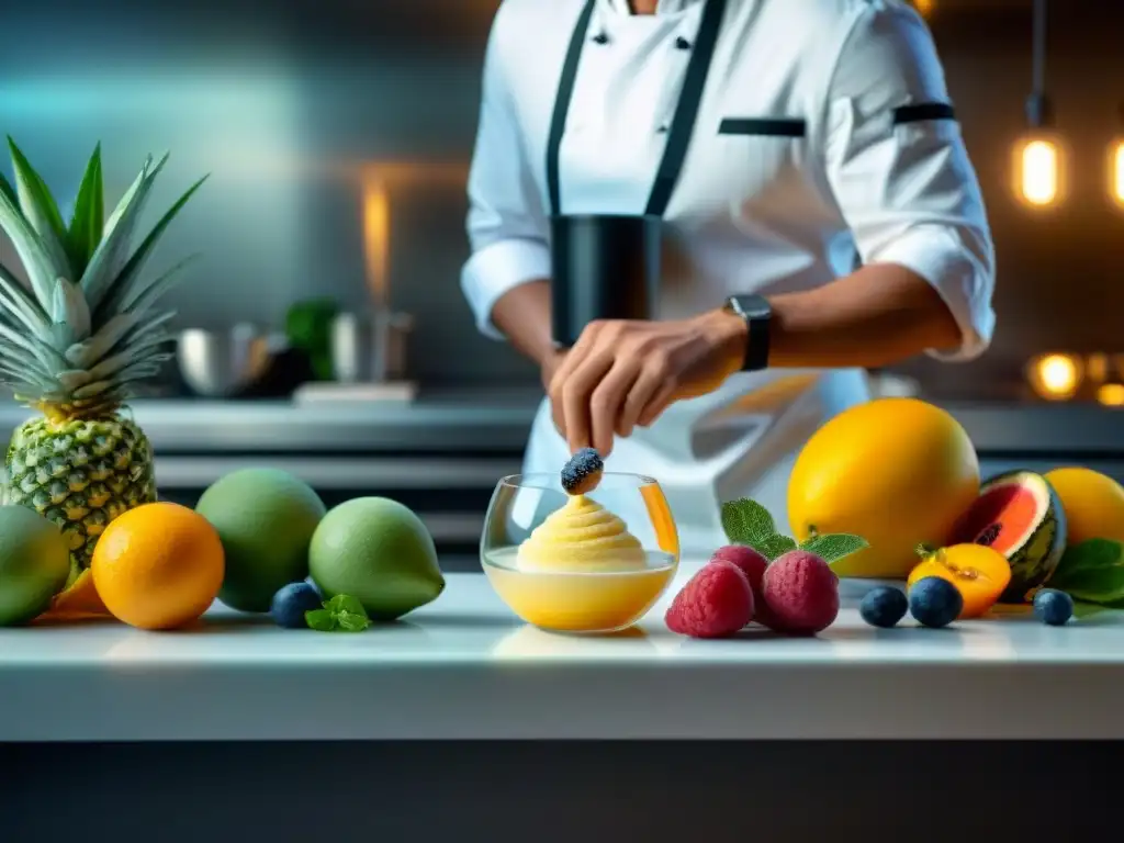 Un chef experto sirviendo un sorbete gourmet en un elegante entorno culinario