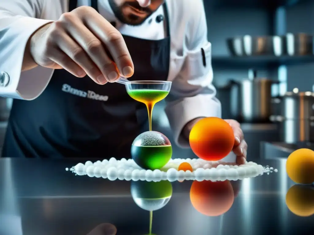 Un chef experto en técnicas de gastronomía molecular avanzada crea esferas líquidas perfectas con una pipeta