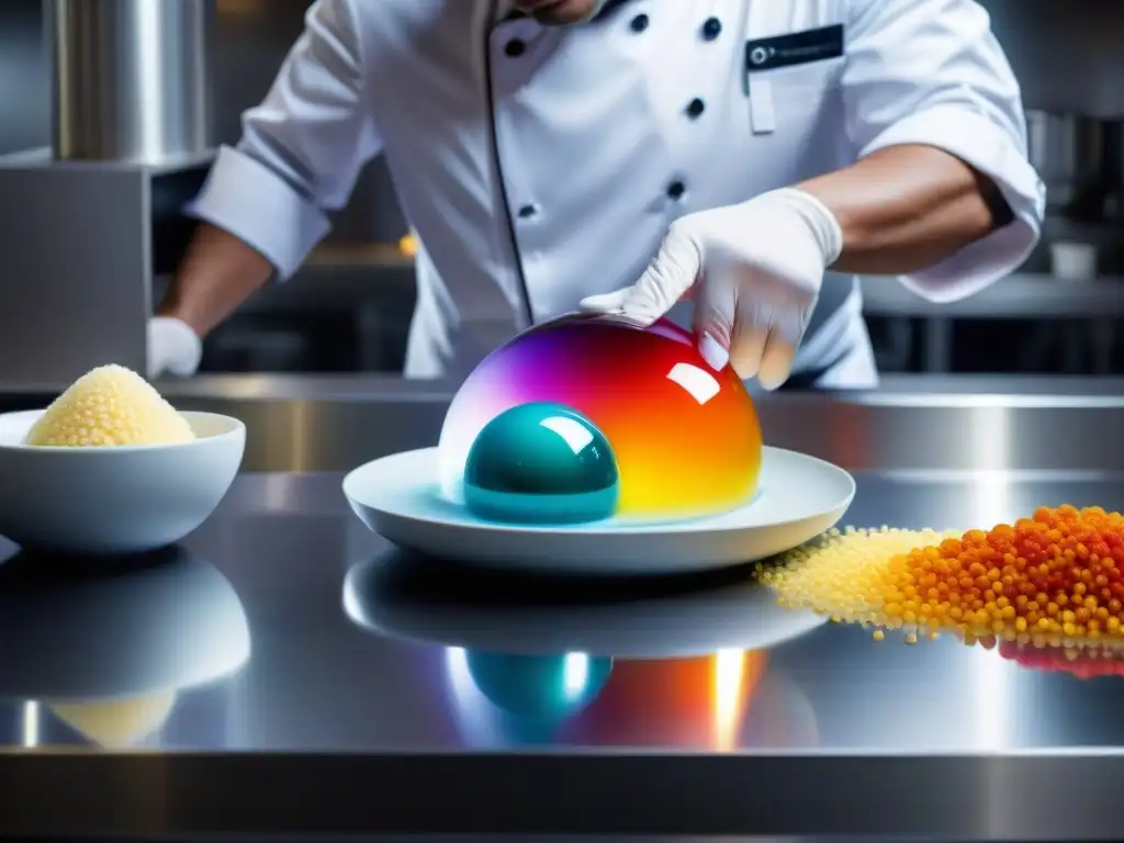 Un chef experto en técnicas de gastronomía molecular avanzada creando esferificaciones perfectas en un laboratorio culinario moderno