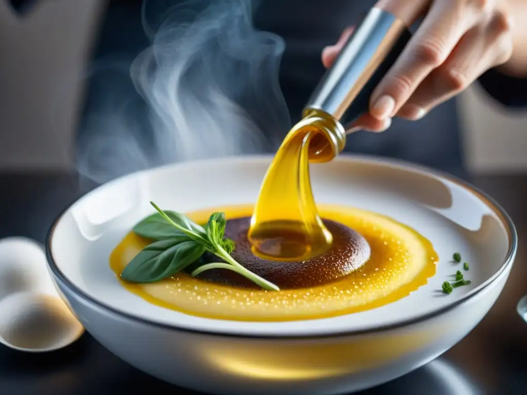 Un chef experto en técnicas de emulsión prepara una exquisita vinagreta gourmet en un elegante recipiente de vidrio