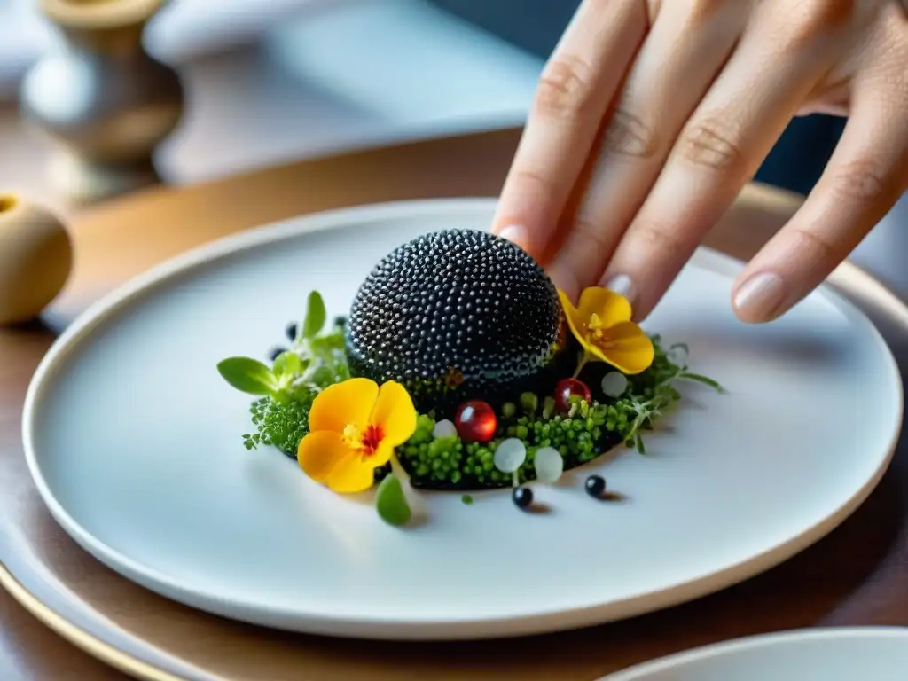 Un chef experto en técnicas de esferificación coloca caviar vegetal en un plato blanco, rodeado de microgreens y flores comestibles