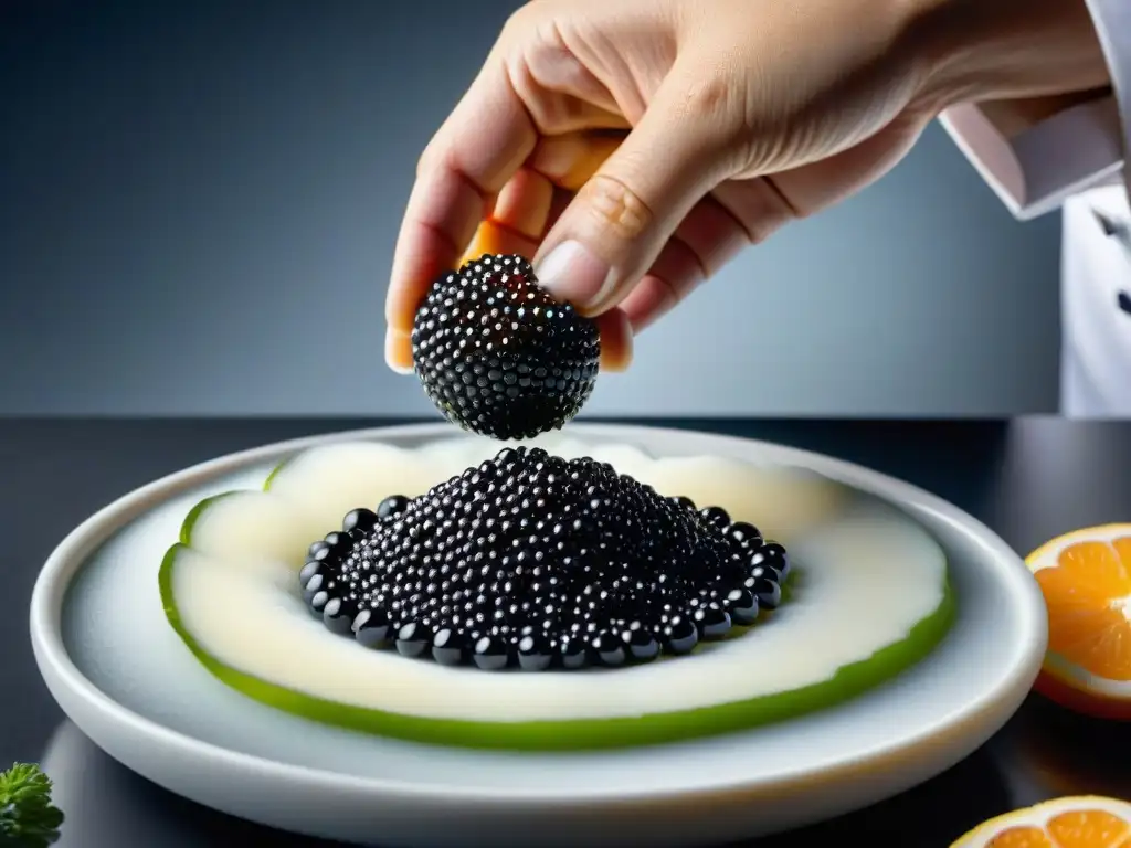 Chef experto en técnicas de esferificación crea caviar vegetal con destreza y precisión