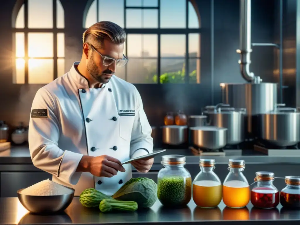 Un chef experto en técnicas de fermentación gastronomía gourmet supervisa el proceso en una cocina moderna y elegante