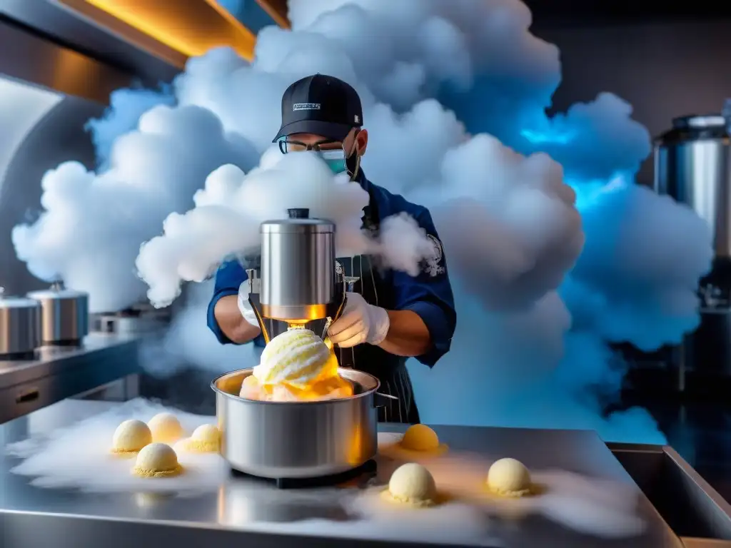 Chef experto usa técnicas innovadoras creación helados con nitrógeno líquido