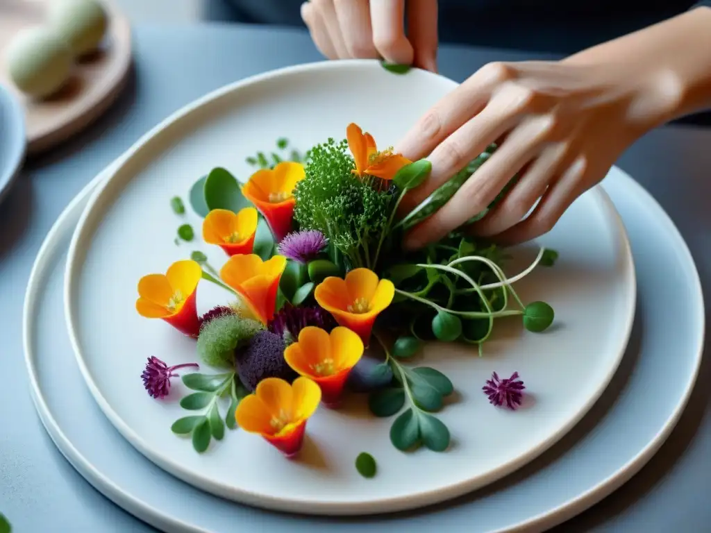 Un chef experto en técnicas innovadoras presenta un plato con flores comestibles y microgreens