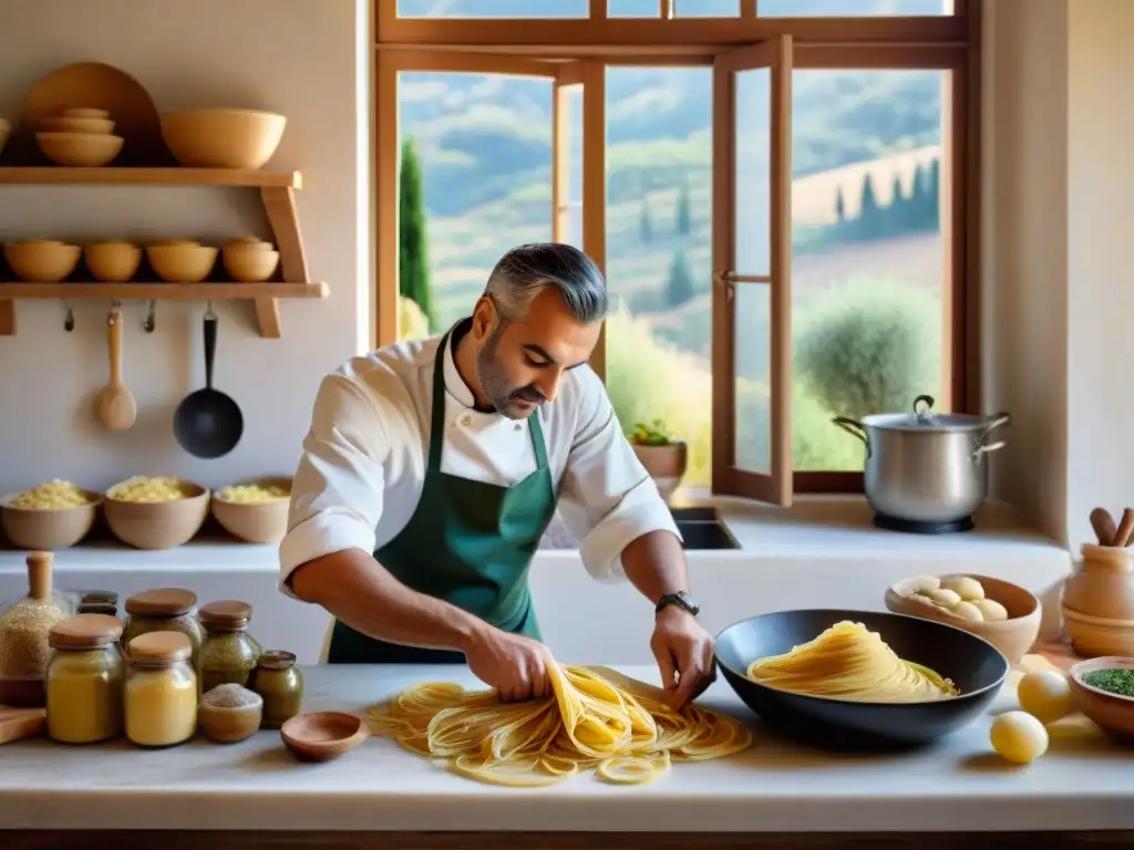 Un chef experto en técnicas mediterráneas hace tagliatelle caseros en una cocina rústica