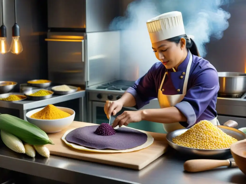 Un chef experto elabora tortillas moradas de maíz, fusionando técnicas ancestrales con innovaciones en gastronomía de maíz