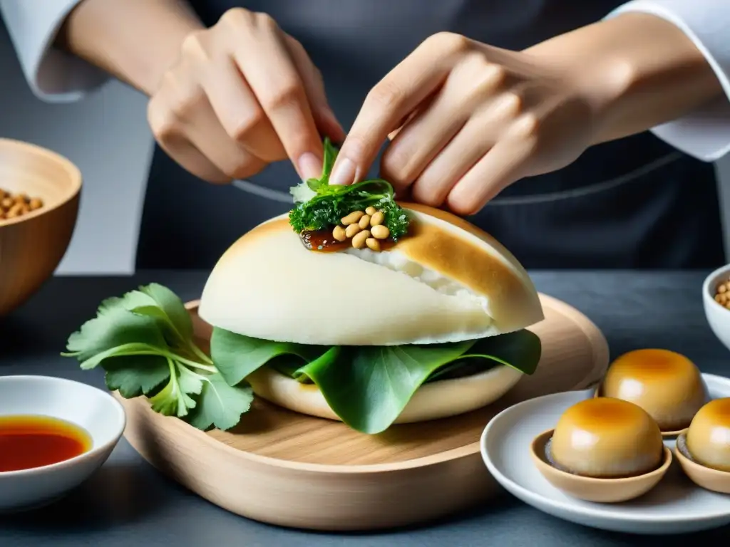 Un chef experto preparando un Gua Bao tradicional en una cocina moderna y elegante