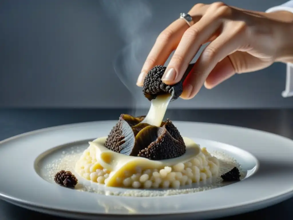 Un chef experto sirviendo trufas gourmet sobre risotto cremoso en cocina luminosa