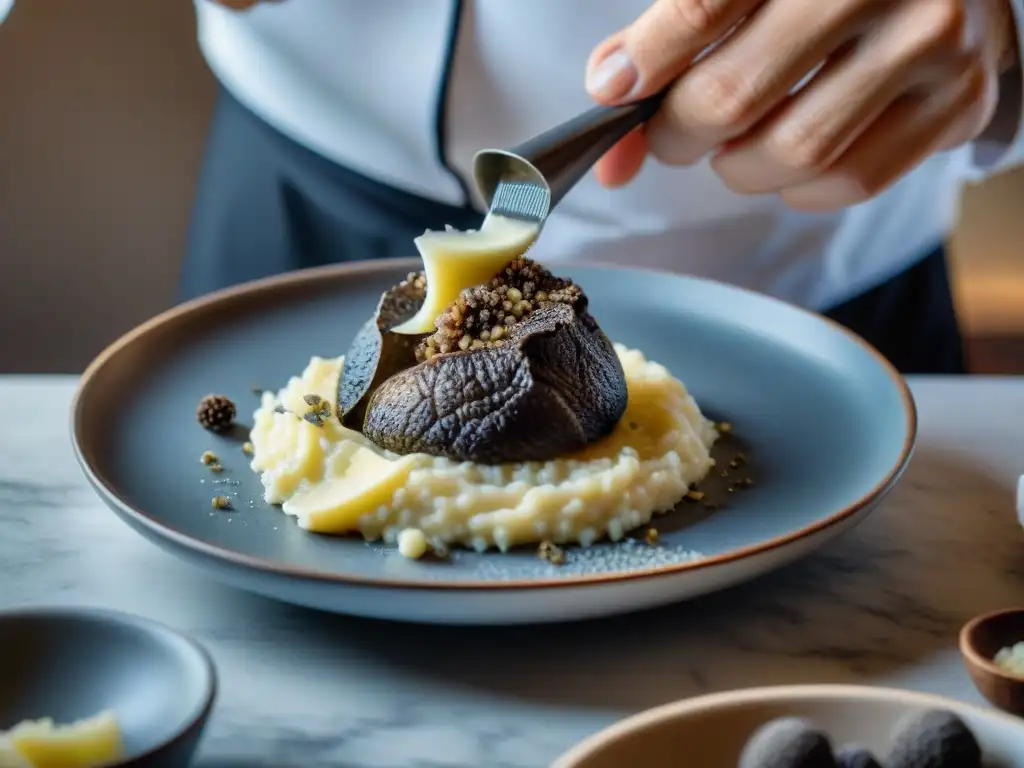 Un chef experto en trufas gourmet origina una receta sublime, delicadamente rallando una lujosa trufa negra sobre un cremoso risotto