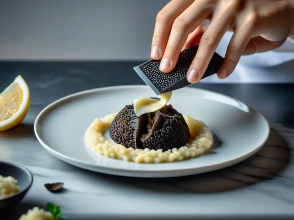 Un chef experto en trufas gourmet origina recetas sublime, añadiendo finas láminas de trufa negra a un risotto cremoso en un elegante plato blanco