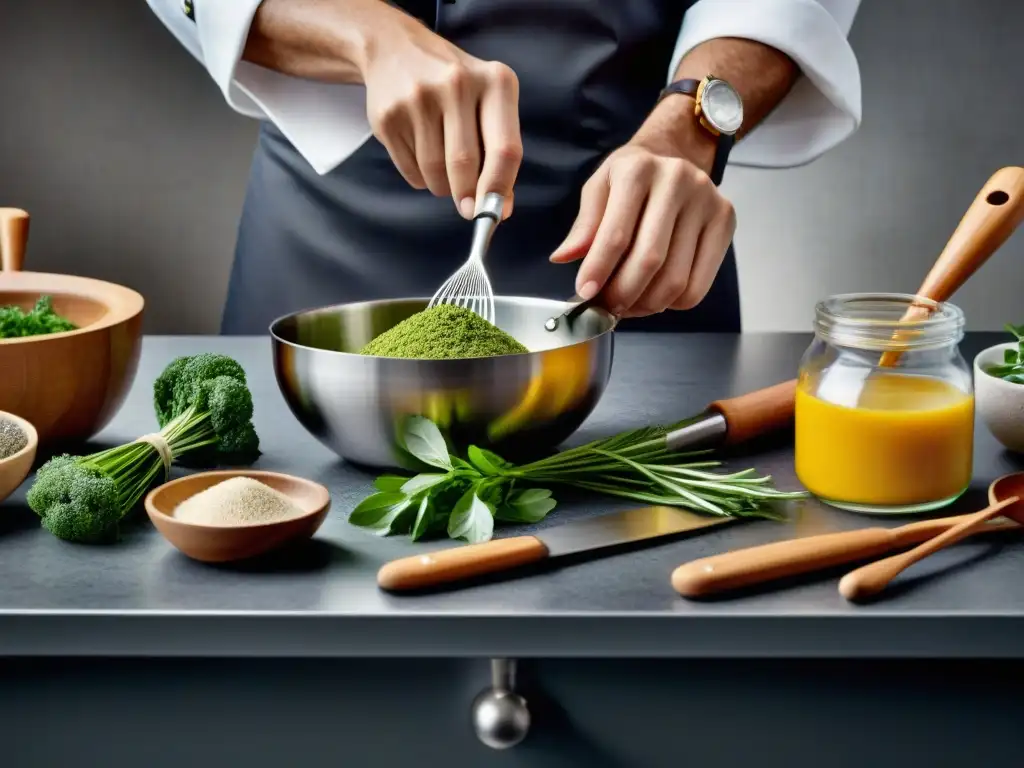 Maestría culinaria: chef experto con utensilios de cocina Un chef experto utiliza utensilios modernos y tradicionales en una cocina, mostrando precisión y pasión por la gastronomía