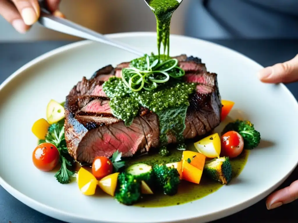 Un chef experto drizzlando una vibrante salsa chimichurri sobre un suculento filete a la parrilla, rodeado de coloridas verduras y hierbas