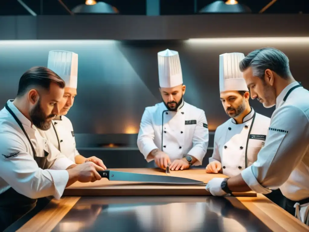 Chef experts participating in a knife tasting event, examining and appreciating chef knives