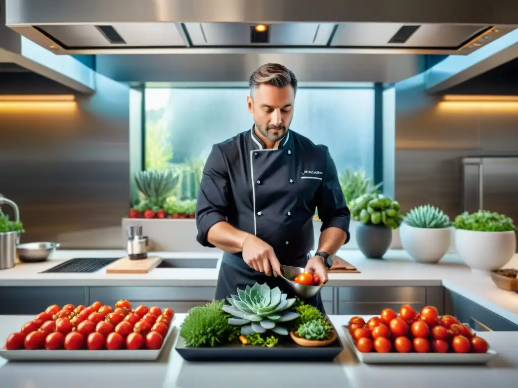 Un chef preparando un exquisito plato mediterráneo en una cocina moderna con la técnica de cocina al vacío