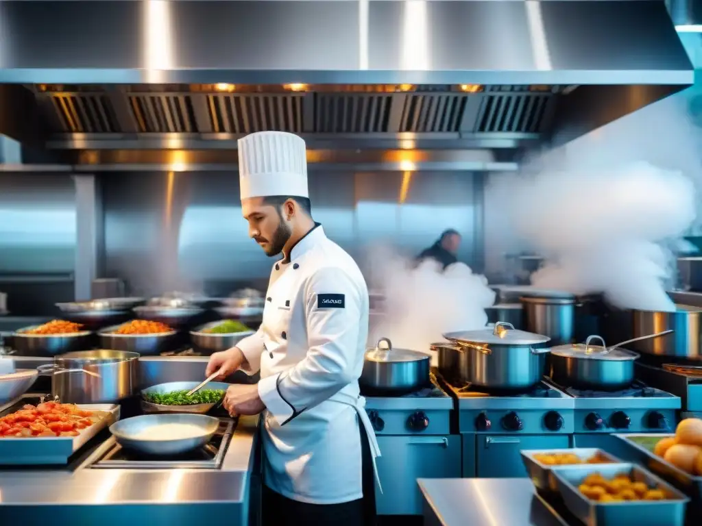 Chef preparando exquisitos platos en una cocina gourmet, ideal para Apps de reservas en restaurantes gourmet