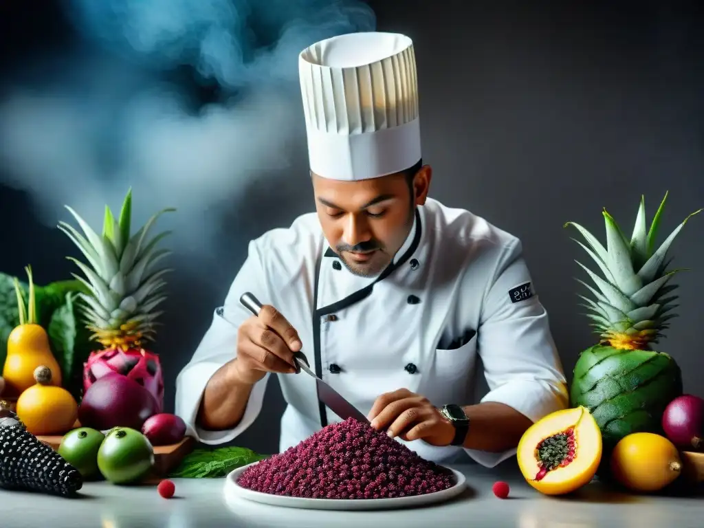 Un chef famoso preparando una exquisita receta gourmet con superfoods en una cocina impecable