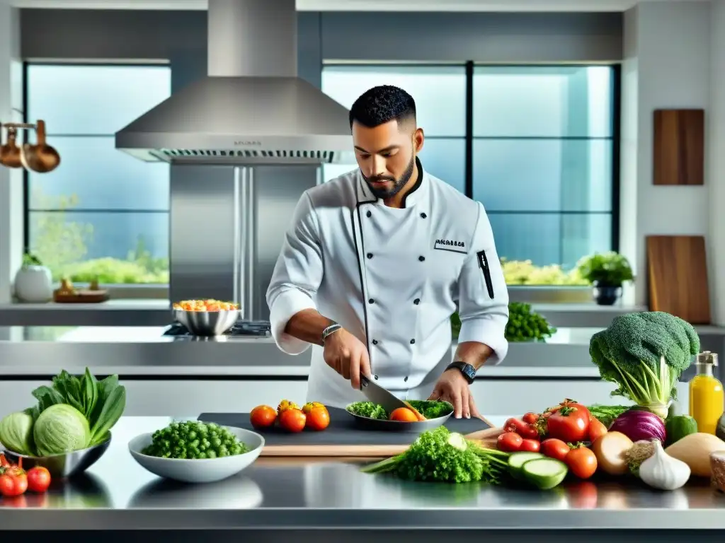 Un chef famoso prepara una exquisita receta en una cocina moderna y elegante