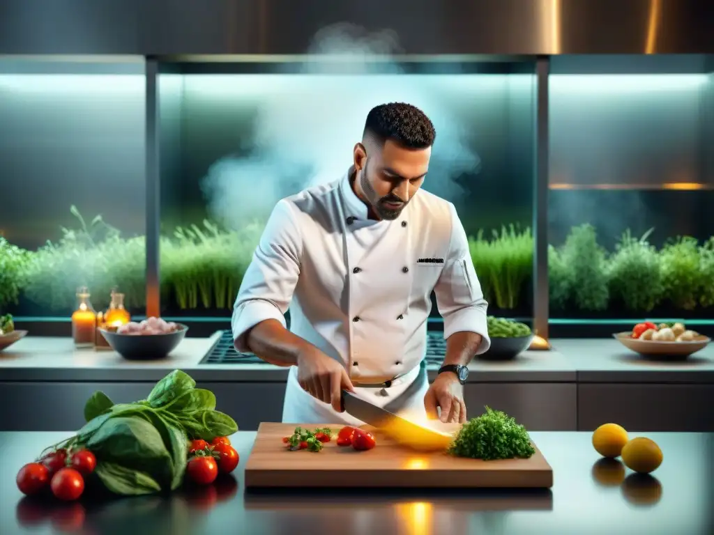 Un chef famoso prepara un exquisito platillo en una cocina moderna, rodeado de ingredientes frescos