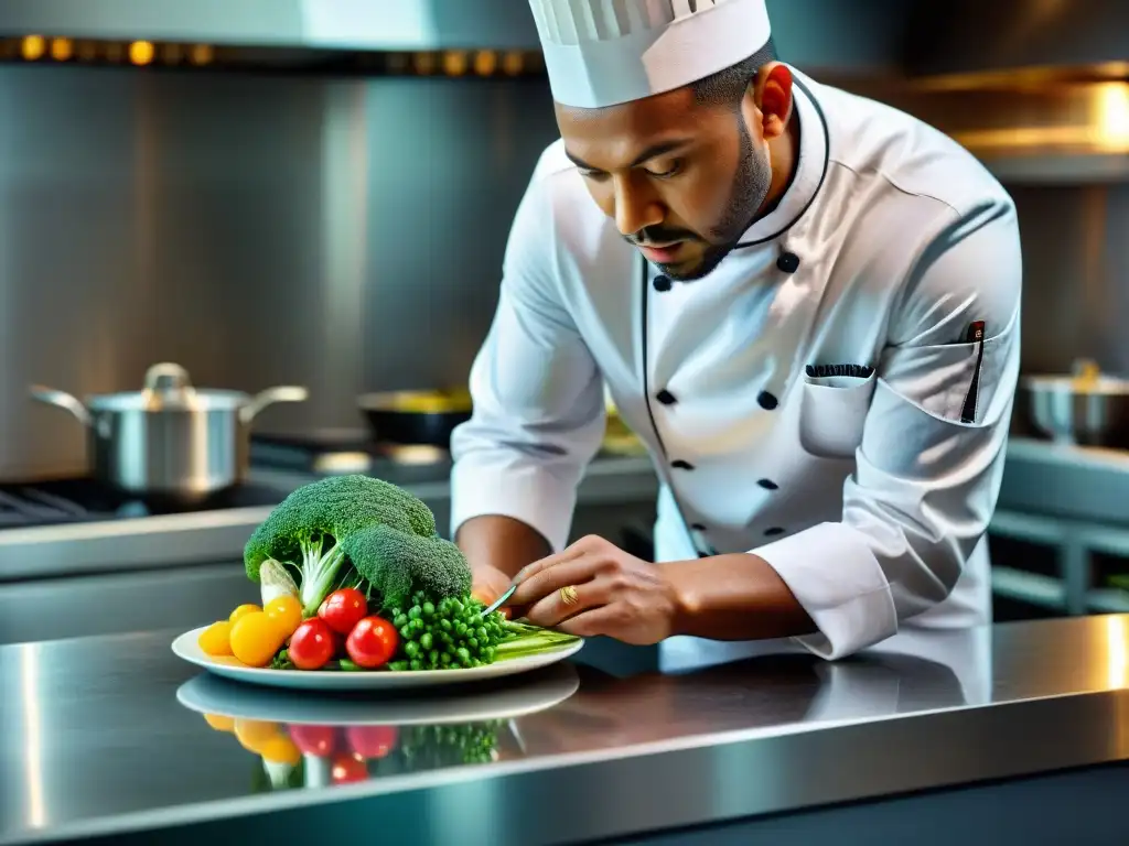 Un chef famoso prepara un exquisito plato en una cocina moderna