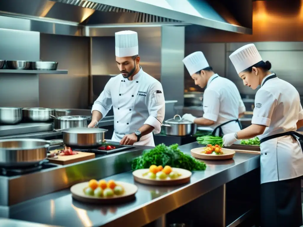 Un chef famoso en una lujosa cocina de hotel, rodeado de su equipo y preparando platos gourmet