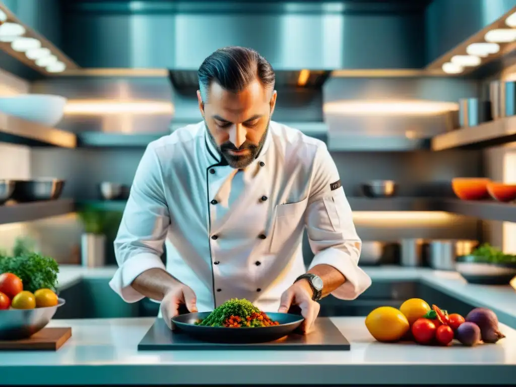 Un chef famoso prepara un plato complejo en una cocina moderna, llena de ingredientes frescos y vibrantes