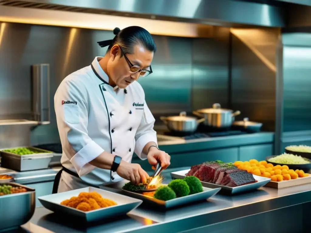 Un chef famoso prepara plato japonés en cocina moderna