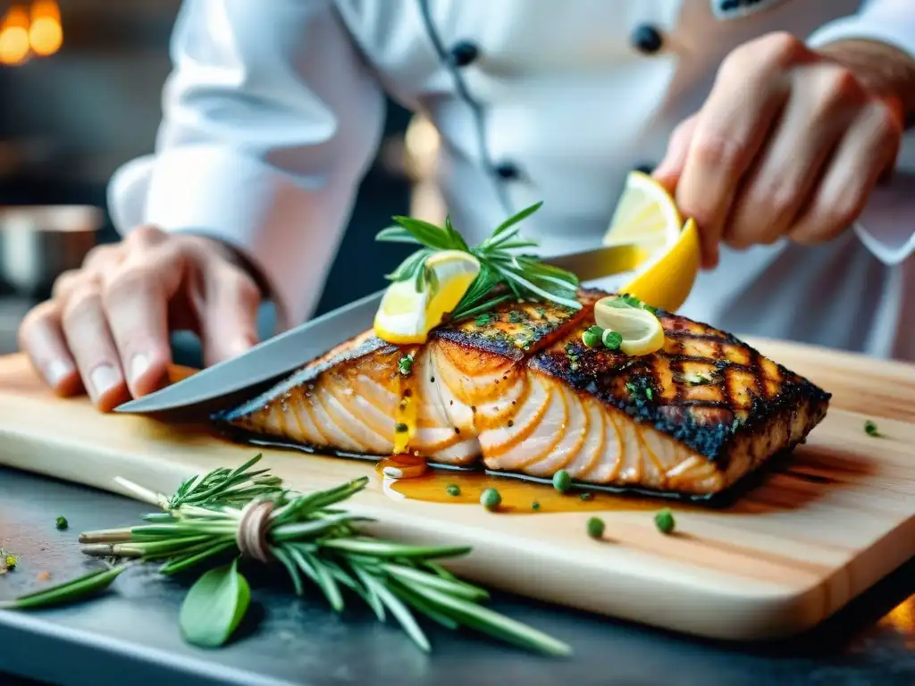 Un chef sazona con maestría un filete de pescado gourmet a la parrilla, destacando la cocción perfecta pescados gourmet