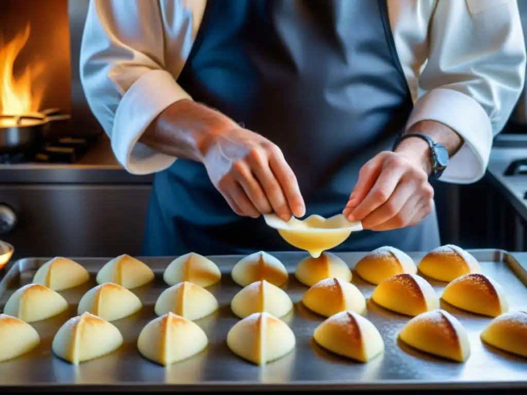 Un chef francés experto en repostería prepara madeleines en moldes con precisión, en una cocina soleada