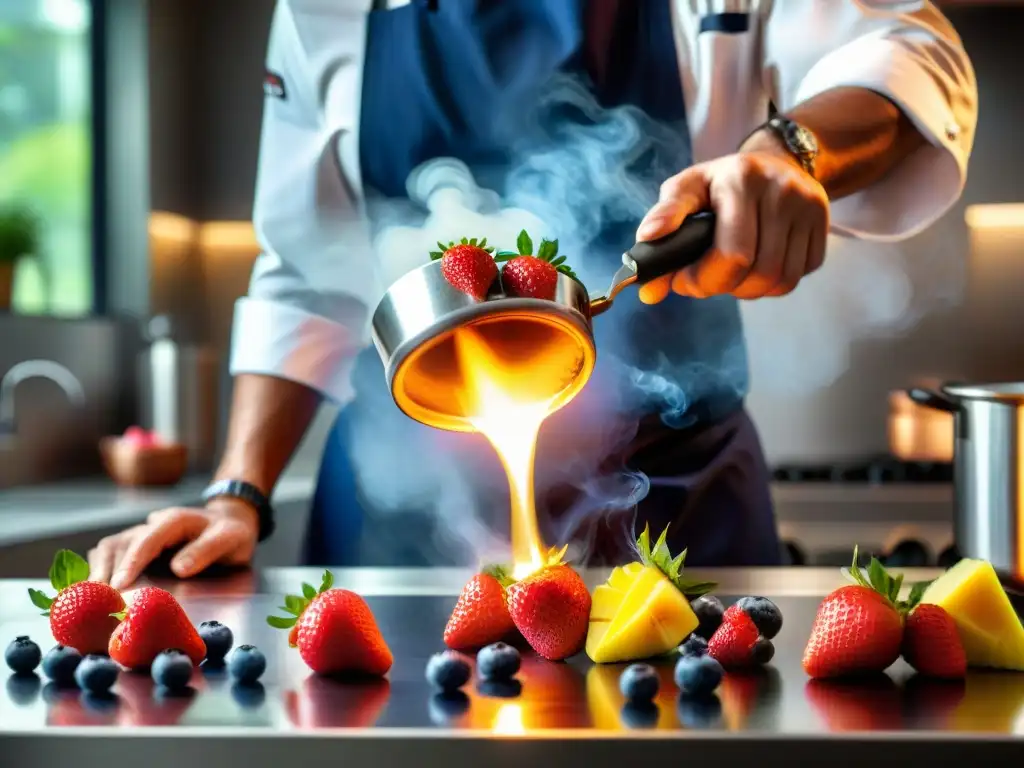 Un chef caramelizando frutas sin azúcar con un soplete en cocina moderna