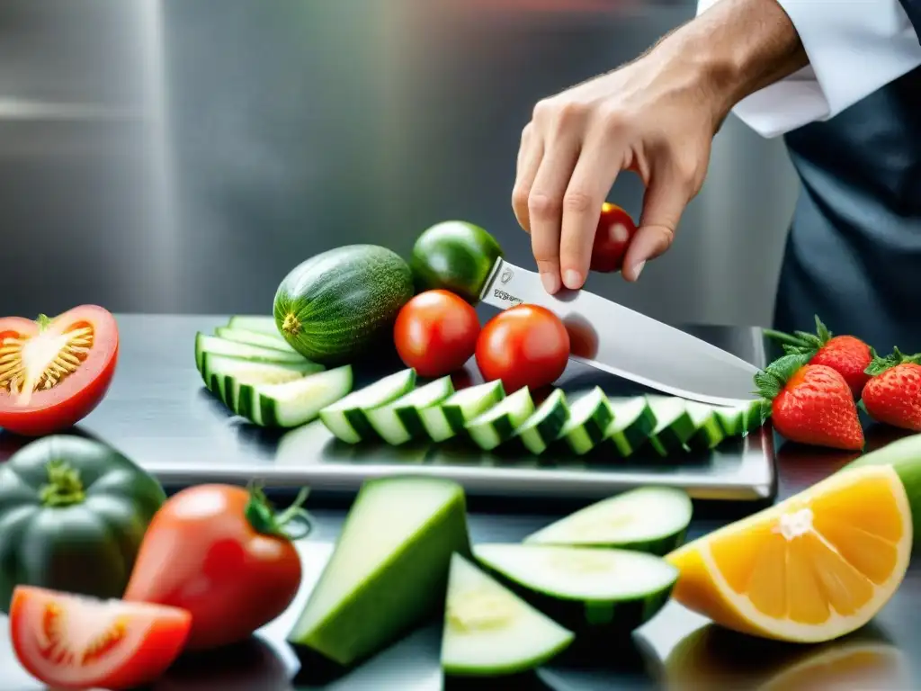 Chef cortando frutas y verduras frescas con precisión en tabla de acero inoxidable