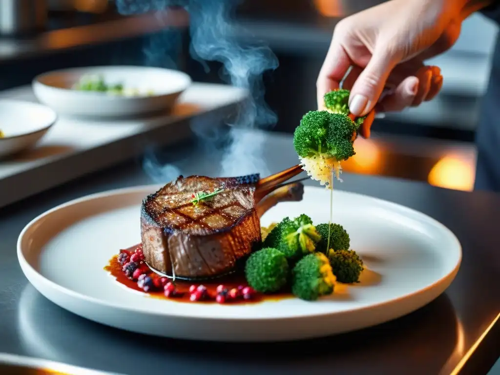 Un chef gourmet espolvoreando especia ácida zumaque sobre chuletas de cordero en plato sofisticado