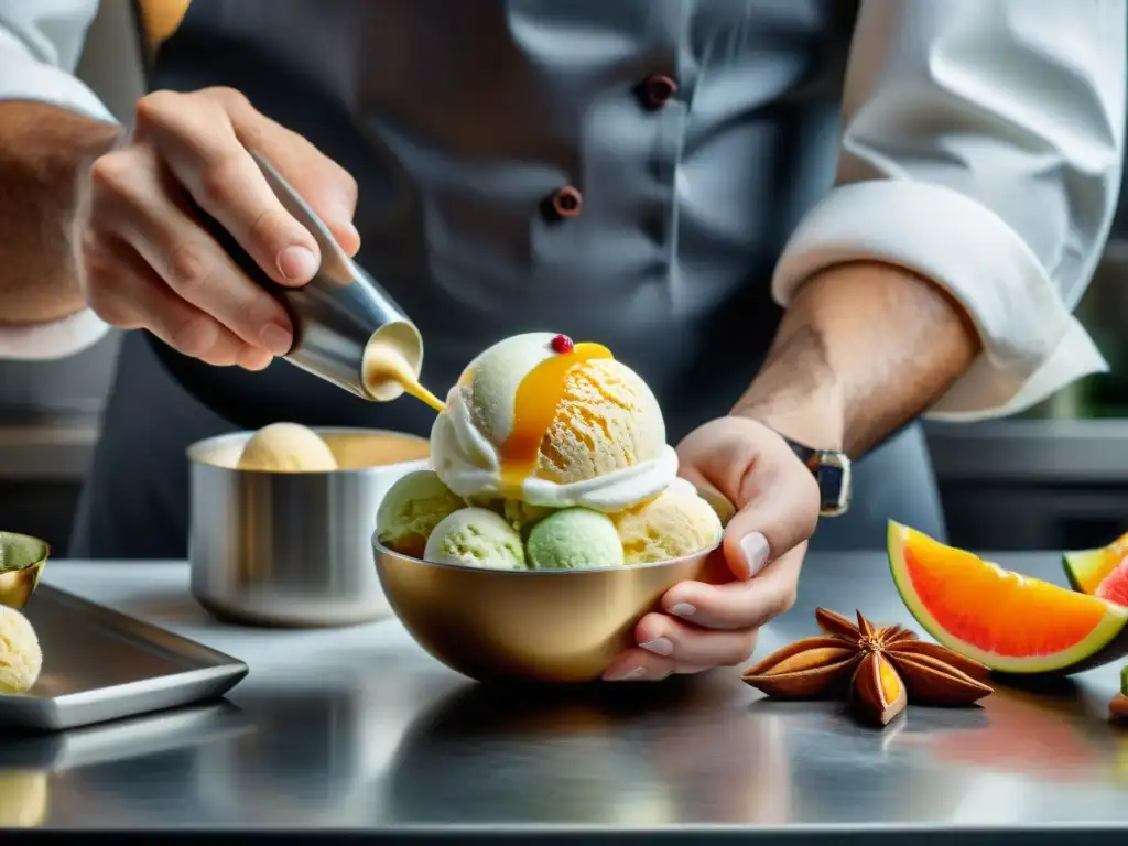 Un chef gourmet crea helados exóticos para paladares exigentes en una cocina moderna y elegante