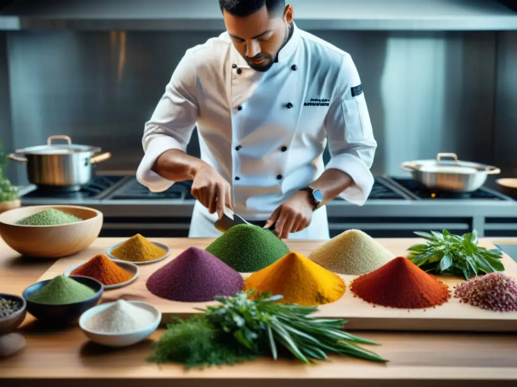 Un chef gourmet elaborando platos salazón con sofisticación en una cocina moderna