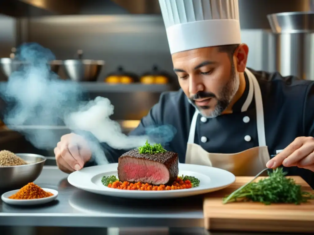 Un chef gourmet sazona con precisión una pieza de carne cultivada mientras se vislumbra un laboratorio moderno