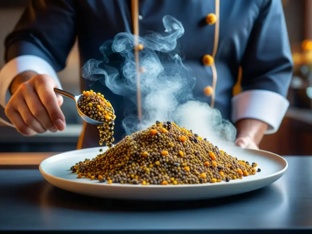 Un chef gourmet esparciendo semillas de chía sobre un exquisito plato