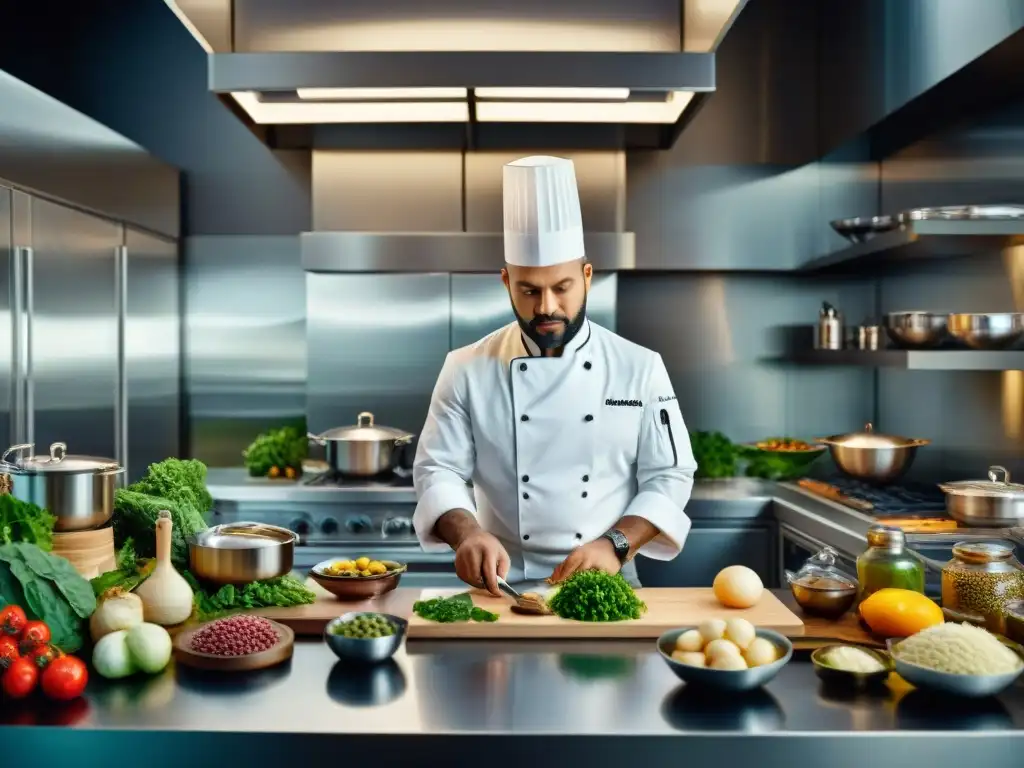 Un chef habilidoso en una cocina moderna, creando platos innovadores que fusionan recetas antiguas y tendencias contemporáneas