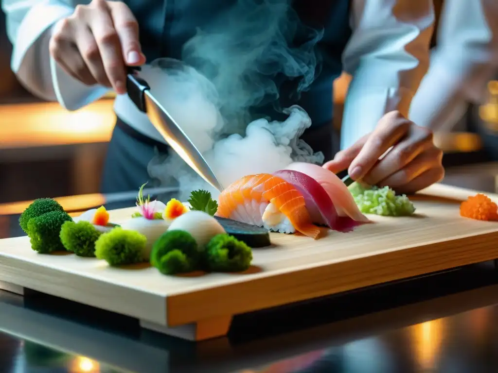 Un chef habilidoso prepara una elegante comida japonesa kaiseki en un ambiente sereno con tatamis