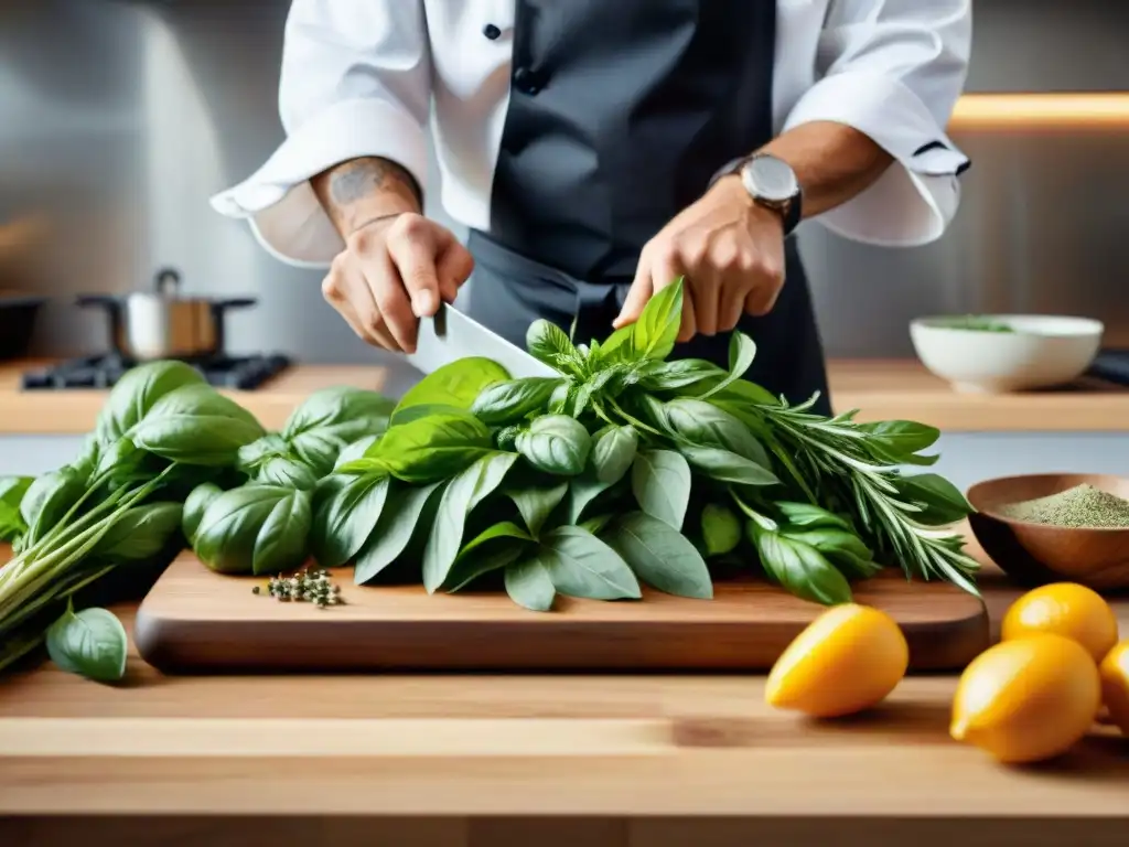 Un chef cortando hierbas frescas en una cocina moderna y elegante