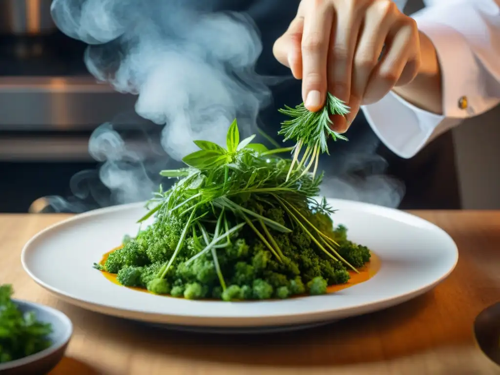 Un chef esparciendo hierbas frescas sobre un platillo gourmet en una cocina elegante