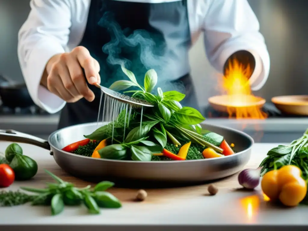 Un chef esparciendo hierbas frescas sobre verduras en una sartén, destacando la cocina gourmet