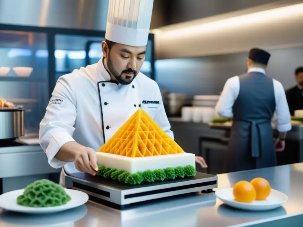 Un chef utiliza una impresora 3D de alimentos para crear esculturas de azúcar en un banquete elegante