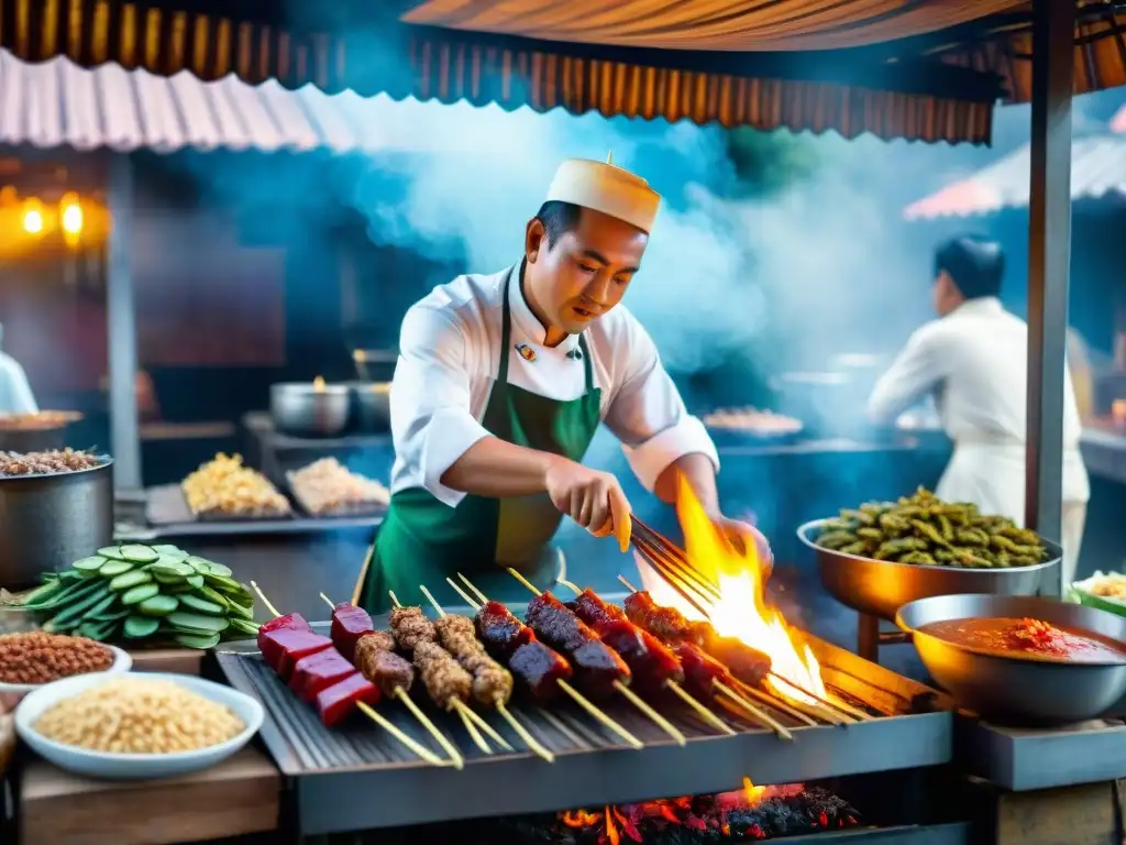 Chef indonesio preparando sate con sabores gourmet en bullicioso puesto callejero de Indonesia