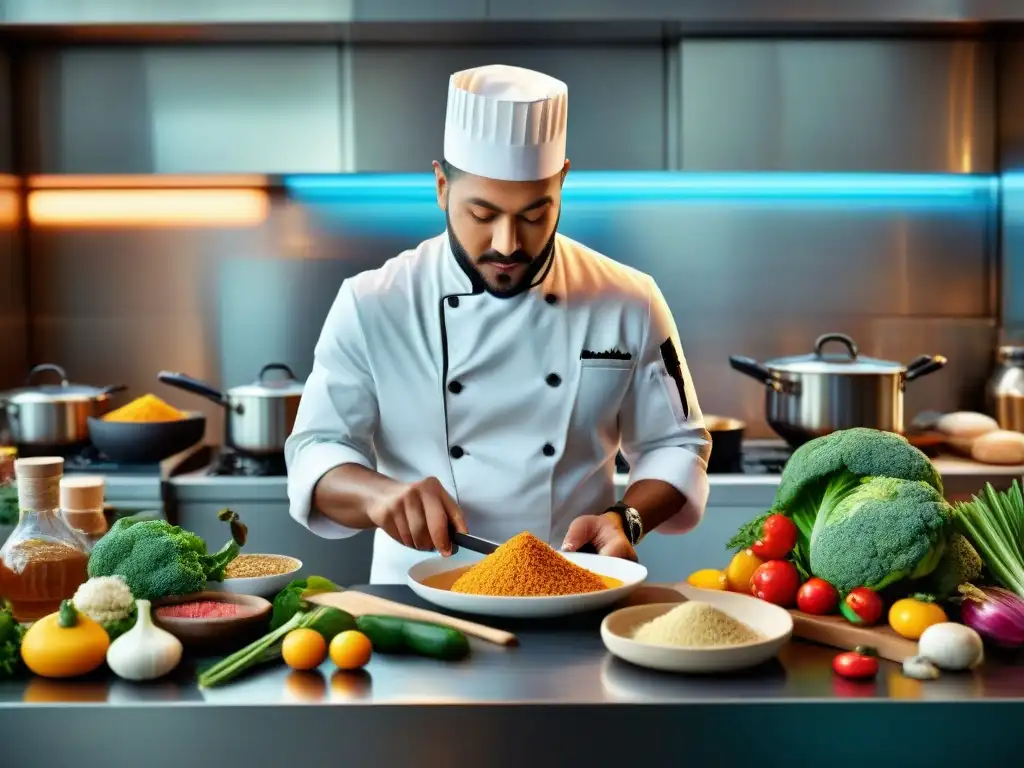 Un chef fusionando ingredientes de distintas culturas en una cocina gourmet, reflejando la innovación de la Fusión Étnica en Cocina Gourmet