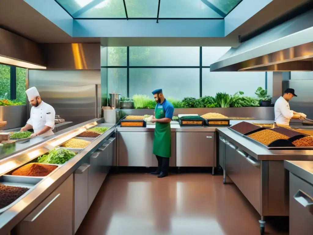 Chef preparando ingredientes frescos en una cocina de restaurante con un eficiente sistema de compostaje