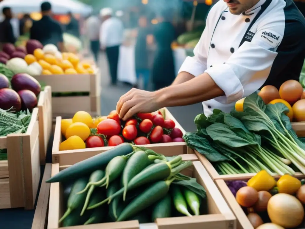 Un chef selecciona ingredientes frescos en un mercado, con libros de cocina cerca